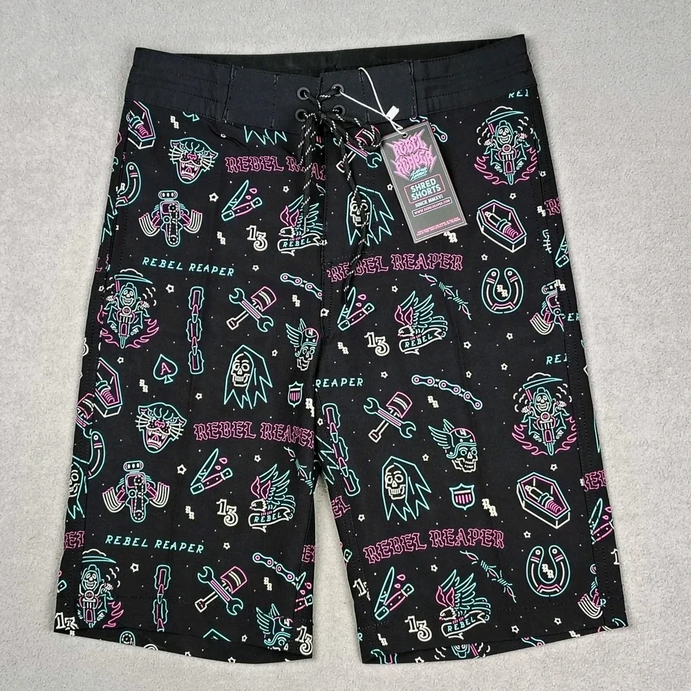 Rebel Reaper‎ Board Shorts Men Small Black Swim Trunks Tattoo Biker Pockets NWT